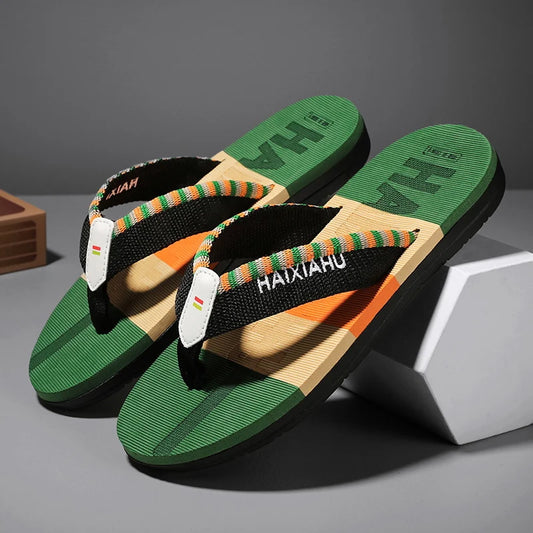 Men Slides Cloth Tape Woven Color Matching Stripe Wear-resistant Slippers Size 39-45