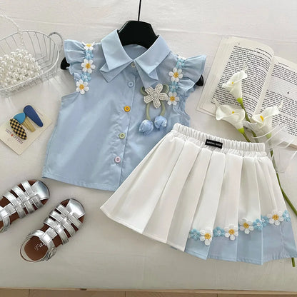 Summer New Baby Floral Short Sleeve Puff Sleeve Top Elastic Waist Pleated Skirt Girls' Set17401