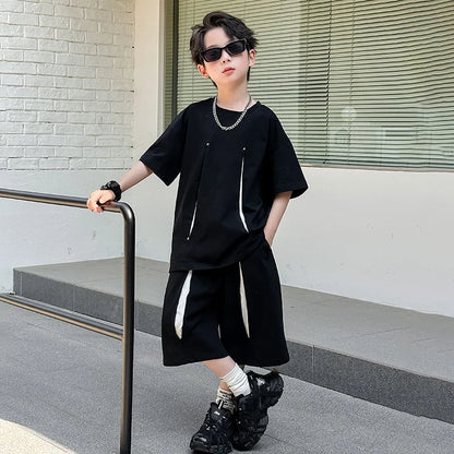 American Kids Design Double Cotton Gauze Clothing Set For Teenage Boy Casual Summer Top and Bottom Clothes Set Child Tracksuit