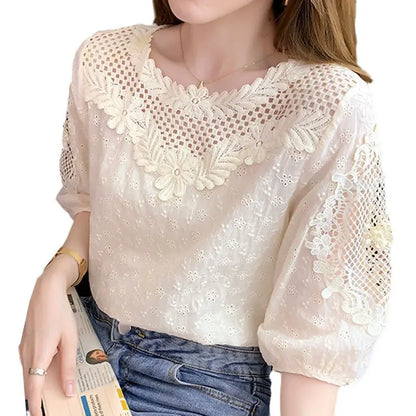 Blouses Women Hollow Out O-neck Half Sleeve Loose Tops Summer Casual Elegant Ladies French Style Daily Trendy