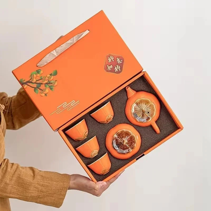 Chinese Travel Kung Fu Ceramic Tea Set 1 Teapot 4 Teacups Tea Ceremony Portable Persimmon Shape Teapot Exquisite Gift Box