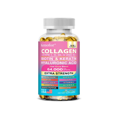 14 IN 1 Collagen Capsules - Biotin & Keratin Skin Care Product Booster Anti Aging Whitening Skin Nail and Hair Care Supplement