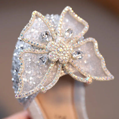 Large Crystal Bow Tie Kids Shoes for Girl Princess Beading Mary Jane Shoes Bling Prom Children  Girls Designer Shoes