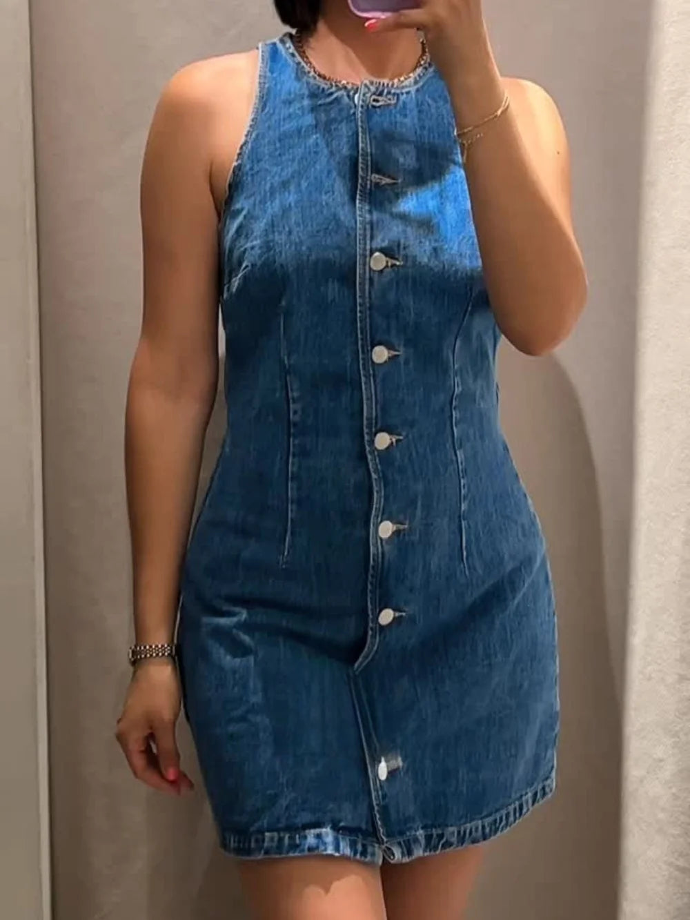 Vintage Denim Midi Dress Fashion Single Breasted Women Dress Round Neck Sleeveless Casual Women Party Short Dress Summer 2025
