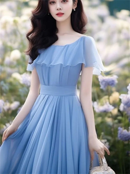 Seaside Vacation Gentle Wind Blue Long Dress Women Dress Summer Autumn Beautiful  Chiffon Dress Waist Cinching Fairy Dresse
