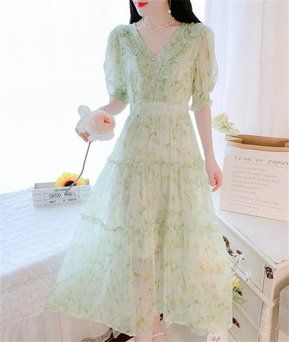 Boho Dress Women Floral Print Wrap Long Holiday Dress Ruffles Female Casual V-Neck Beach A Line Beach Dress Party Vestidos