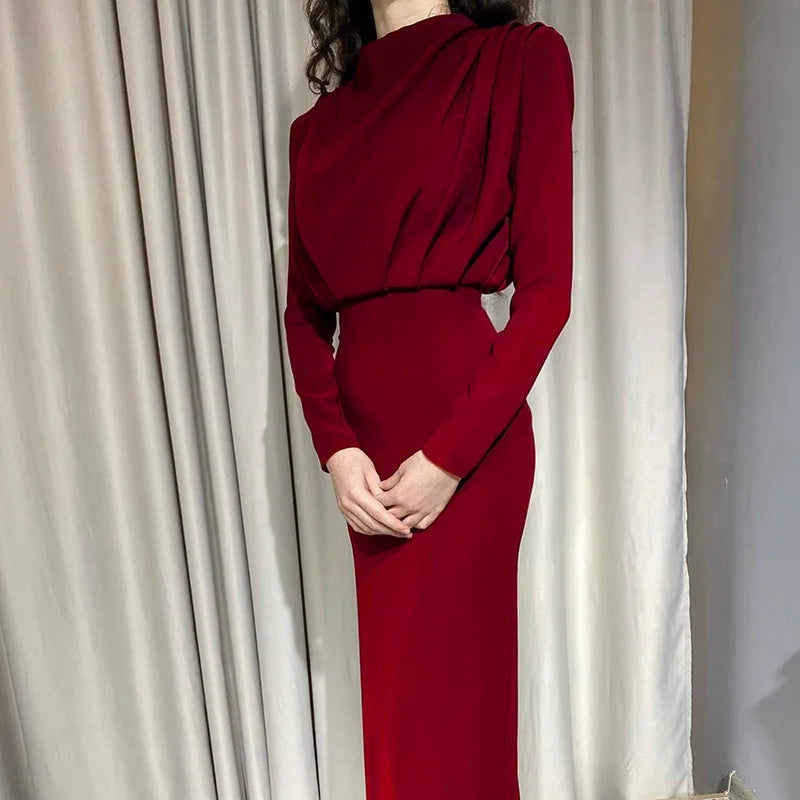 Women's Spring New Dresses with European and American Temperament, Waist Wrapped Solid Color Long Skirt, Long Sleeves, Round Nec