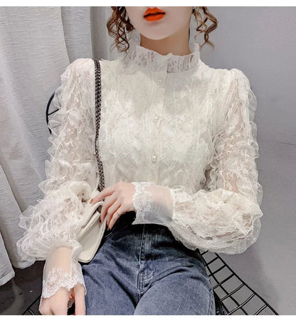 Blouse Women Shirt Lace Long Sleeve Women's Clothing Spring Lantern Sleeve Stand Collar Cardigan Top Blusas Mujer De Moda