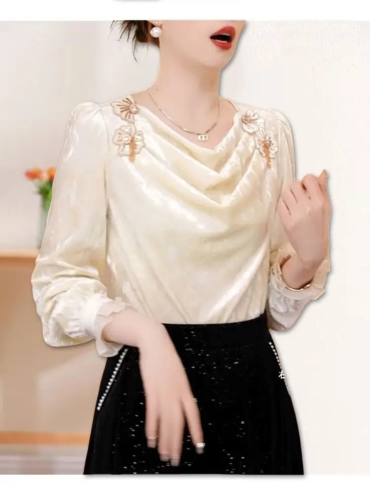 Faionable Floral Patchwork Long Sve irt Women's Winter Luxury Sle Ele Top French Sle Loose Fit Polyester Fiber