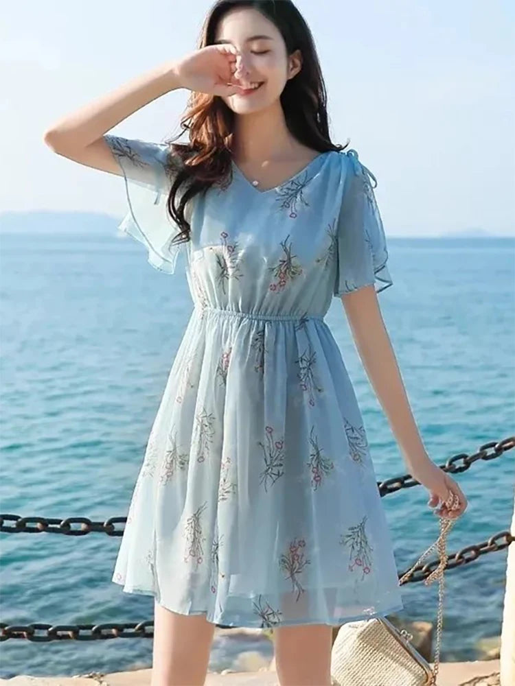 Sweet V-Neck Printing Shirring Bow Chiffon Floral Dress Female Clothing Summer New Loose Butterfly Sleeve Princess Dress