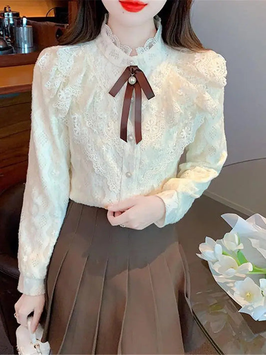 Women's Fce Lined Lace Blouse Thiened Autumn Winter Faion Inner Wear  Knot irt Stand Collar Regular Fit