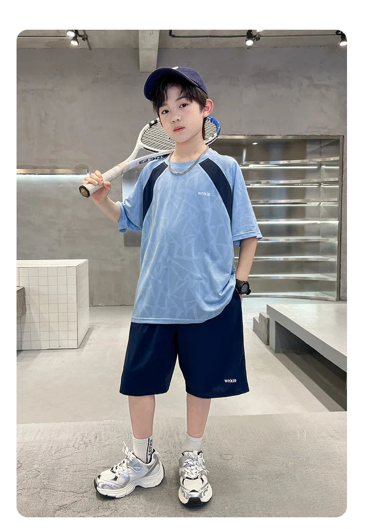 Boys Clothes Sets Summer Kids Sport Short Sleeve T-shirt + Shorts 2 Pieces Suit Teenage Child Outfits For 5 6 8 10 12 14 Years
