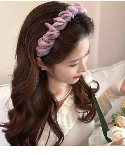 Fashion Lace Mesh Hairband Pleated U Shape Hair Comb Toothed High Cranium Hair Hoop for Women Girls