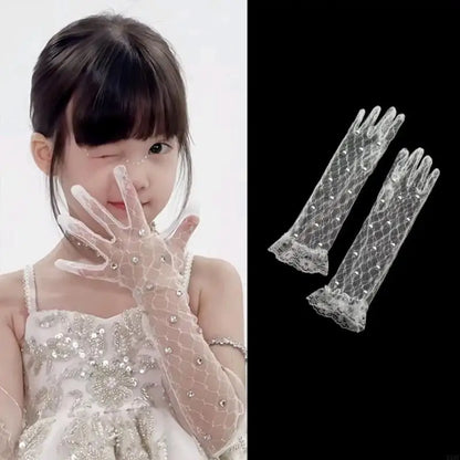 1 pair Lace Gloves for Little Kids Ages 3 to 12 Year Flower Girls Mittens White