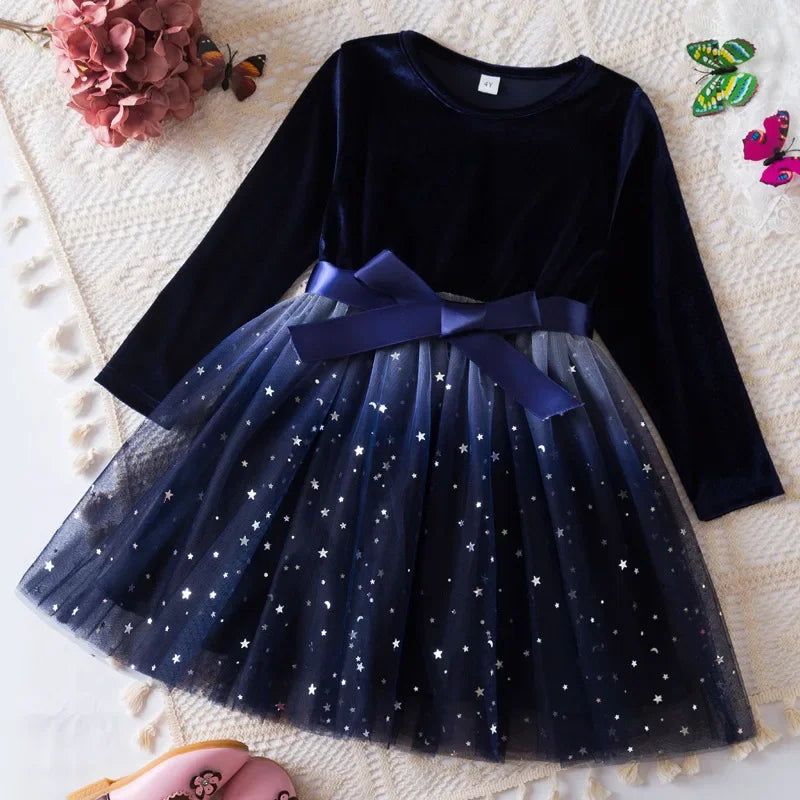 Girl Party Princess Dress Autumn Winter 3-8Y Children Christmas New Year Velvet Top Gradient Stars Mesh Bow Dress