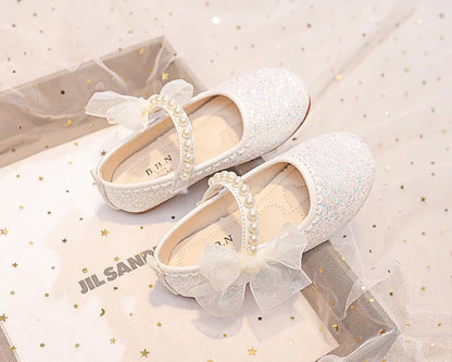 Girls Oxfords Bling Shoes Spring Autumn Kids School Dancing Shoes Pearl Beadings Big Girls Soft PU Leather Shoes Pink, Beige