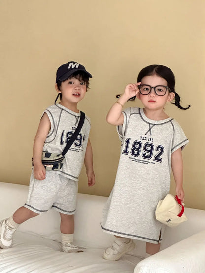 Summer New Children Short Sleeve Clothes Set Boys Letter Print T Shirts 2pcs Suit Girls Vest Dress Kids Brother Sisters Set