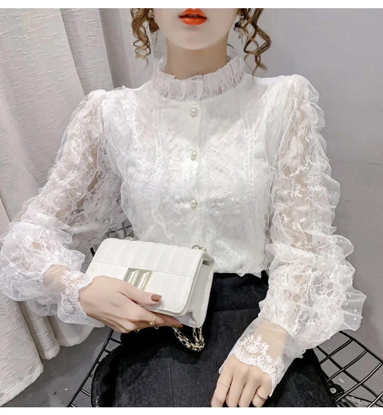 Blouse Women Shirt Lace Long Sleeve Women's Clothing Spring Lantern Sleeve Stand Collar Cardigan Top Blusas Mujer De Moda