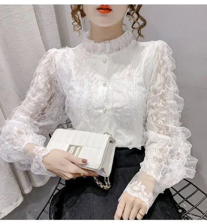 Blouse Women Shirt Lace Long Sleeve Women's Clothing Spring Lantern Sleeve Stand Collar Cardigan Top Blusas Mujer De Moda