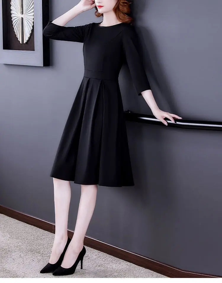 Dress Women's Fashion Western Style Spring and Autumn Clothing New Collection Waist Cinching Slimming Small Black Dress