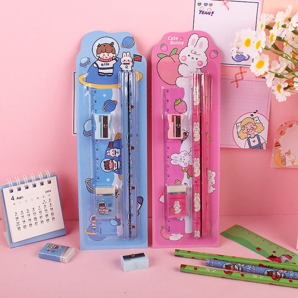 5Pcs Cute Cartoon Stationery Set Pencil Ruler Eraser Pencil Sharpener Kawaii Children School Scrapbook Supplies Set For Gifts