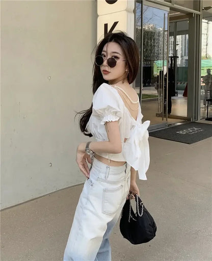 2025 Fashion New Pearl Chain Shirt Women Summer French Bow Backless White Blouse Sweet Puff Sleeve Crop Top Female