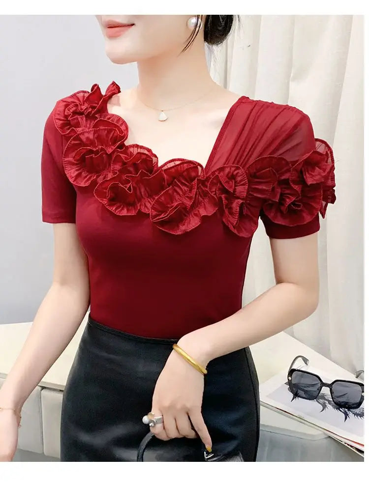 Faionable Floral Lace Ear ort Sve Slimming Me oulder Bared T-Shirt Women's Casual Sle Polyester Fabric Tee irt