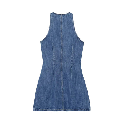 Vintage Denim Midi Dress Fashion Single Breasted Women Dress Round Neck Sleeveless Casual Women Party Short Dress Summer 2025