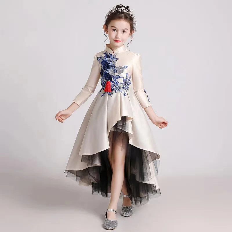 Girls' Fashion Evening Dress Children's Chinese Style Host Piano Performance Costume Dress Kids' Stand up Embroidered SkirtLI852 (Available)