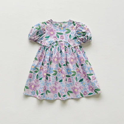 Summer Kids Girls Dresses Short Sleeve A Line Girls Dresses Floral Print Pleated Dress For Girl