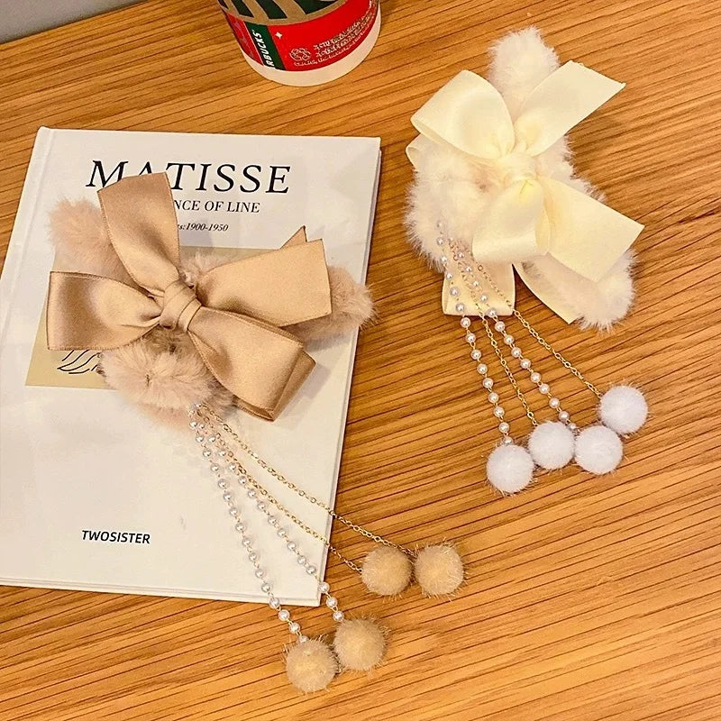 New Elegant Plush Hair Claw Plush Bow Tassel Temperament Girls Women Headdress Shark Clip Winter Accessories Hair Cute