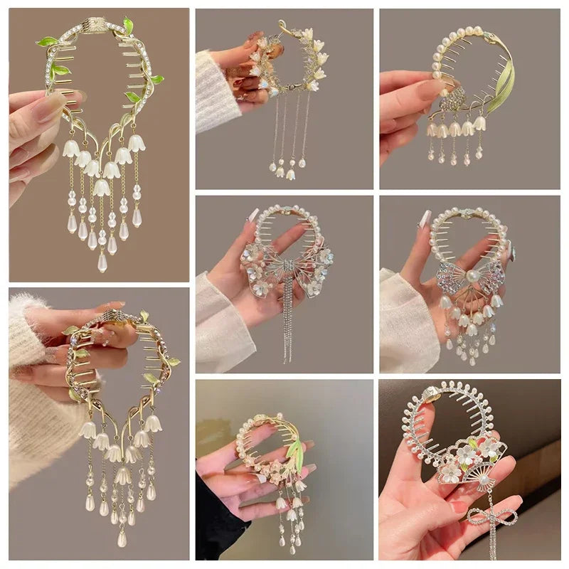 Ladies Butterfly Rhinestone Pearl Metal Hair Claw Round Bun Ponytail Holder (Available)