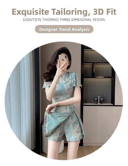 Faionable  Outfit Stand Collar Side Button Mid-Length irt orts Two-Piece Set New 2025 Versatile Nylon Material