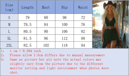 Women's Plaid Cowboy Dress Deep V-Neck Asymmetric Hem with Lace Belted Western Style Ideal for Bohemian Outings