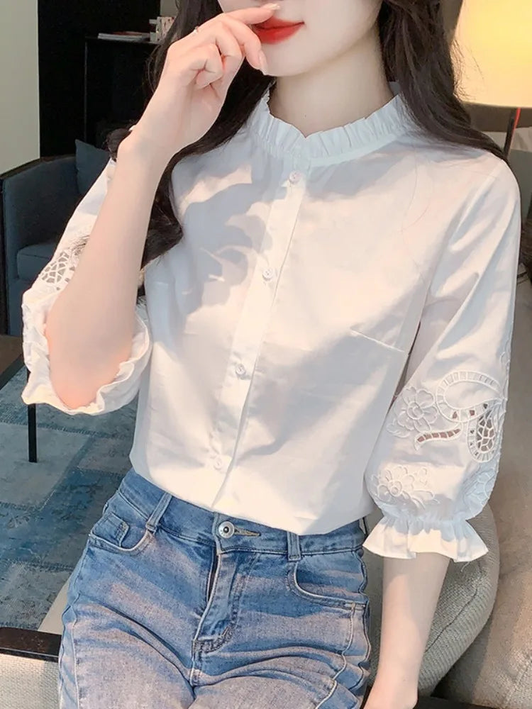 Ele Embroidered ort Sve irt Women's Summer New Design Korean Sle Commute Lantern Sve White irt for Ladies
