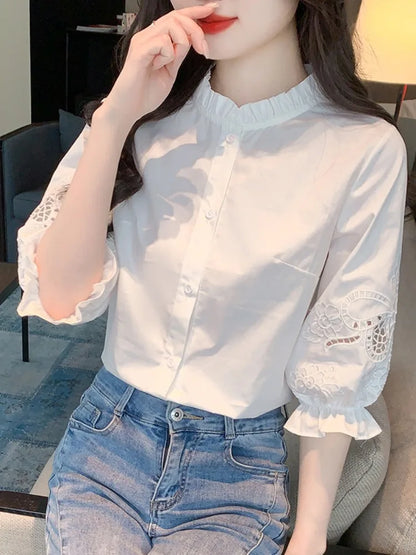 Ele Embroidered ort Sve irt Women's Summer New Design Korean Sle Commute Lantern Sve White irt for Ladies
