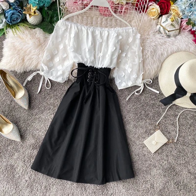 Summer Women's Dress Sexy Off Shoulder Patchwork Party Flower Chiffon Waist Lace Up Beach Short Dresses