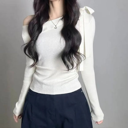 Women's Knitted Sweater Chic oulder Bow Design Long Sve Sweet Inner Wear Base irt Korean Sle Faionable Top