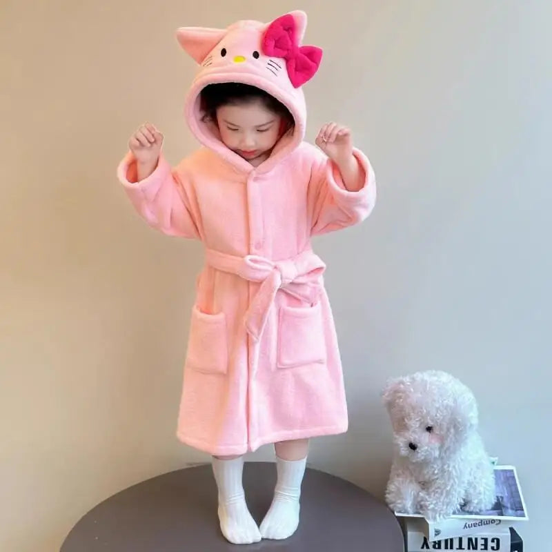 Sanrio Hello Kitty Children Bath Robe Pajamas Terry Cloth Girls Babies Toddlers Spring Winter Home Wear Hooded Cozy Sleepwear