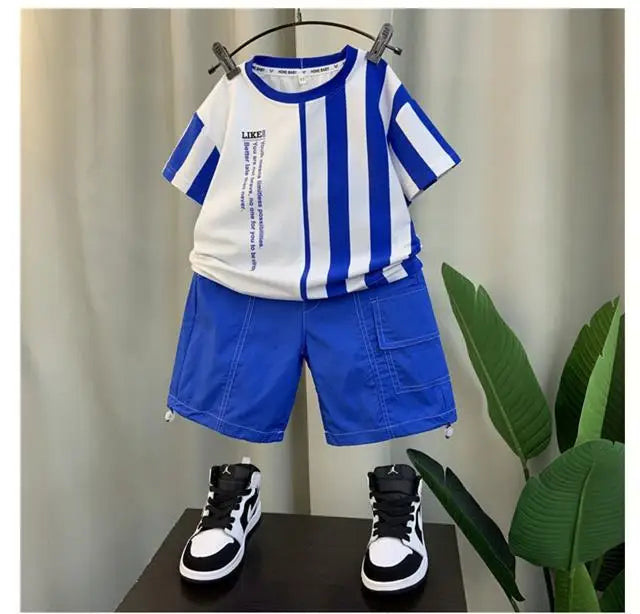 Summer Boy Clothing Suit New Children's Clothes Set Boys Short Sleeve T-Shirt Shorts 2 Piece Set Kids Sportswear Suit 2 4 6 8Y  ( Available )