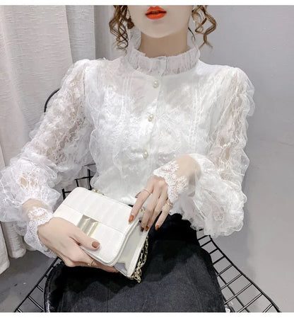 Blouse Women Shirt Lace Long Sleeve Women's Clothing Spring Lantern Sleeve Stand Collar Cardigan Top Blusas Mujer De Moda