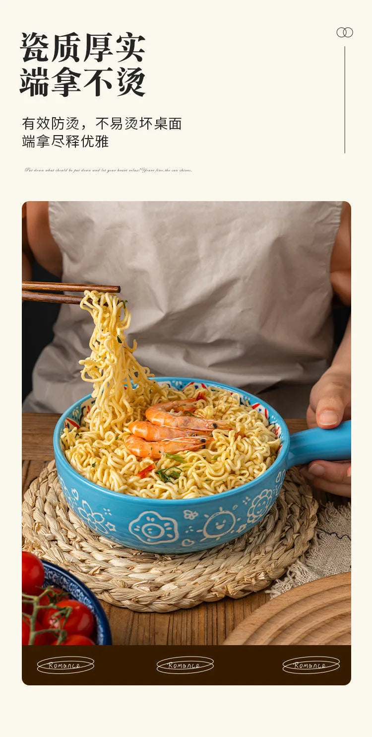 Single Handle Ceramic Noodle Bowl, Bohemian Design, Large Bowl, Creative Restaurant, Household Salad, Dessert Bowl, Home Decorat