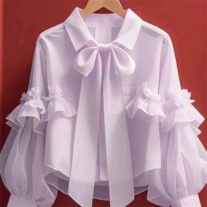 Spring Autumn New Women French Sweet Blue Bow Short Shirt Elegant Versatile Loose Cardigan Ladies Long-sleeved Blouse Tops