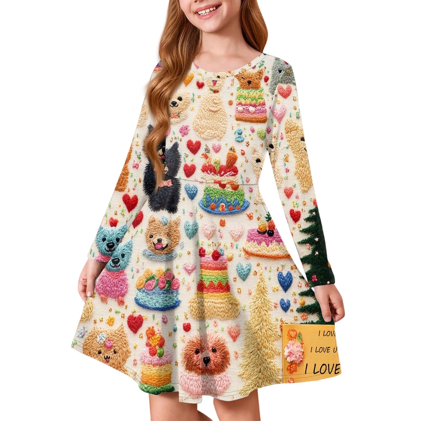 Girl Spring Summer Cozy Dress Exquisite Colorful Pattern Printed Comfortable Dress Girl Daily Casual Long Sleeve A Line Dress