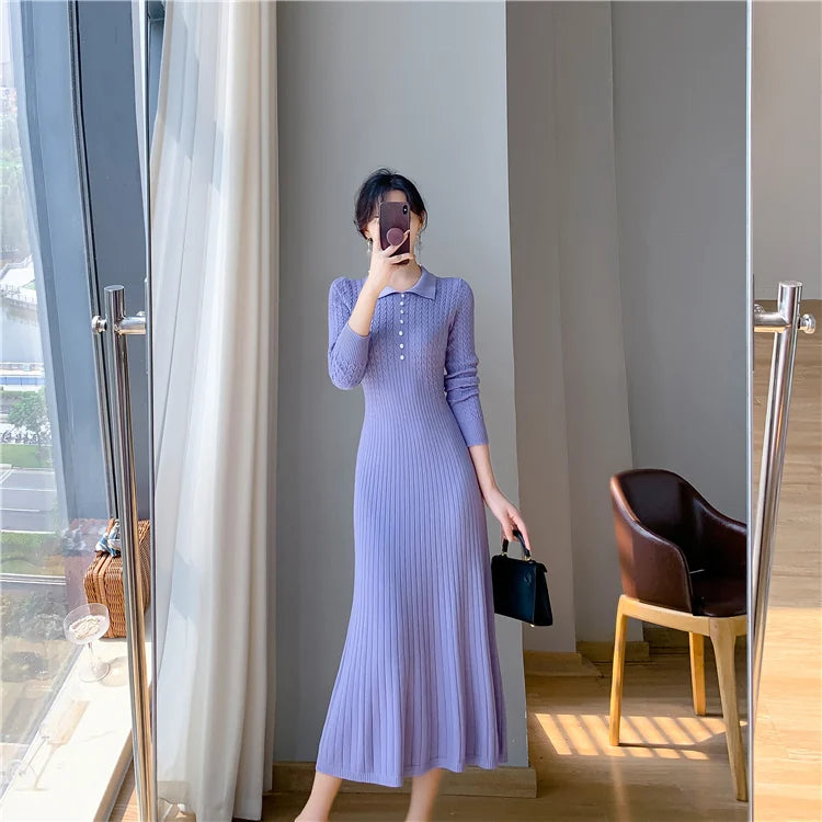 Sweater Dress Women New 2025 Autumn Winter Purple White Or Black High Waist A Line Dress Elegant Long Knitted Dress
