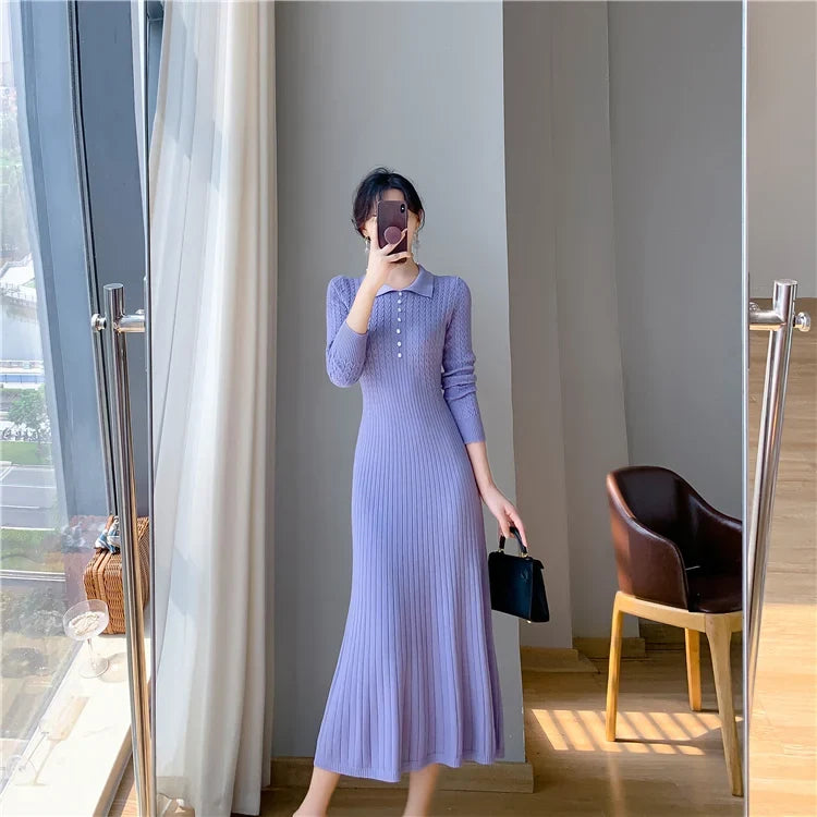 Sweater Dress Women New  Autumn Winter Purple White Or Black High Waist A Line Dress Elegant Long Knitted Dress (Available)