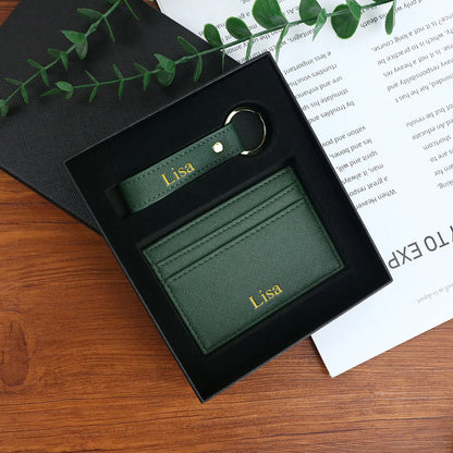 Customized name 1 set of pure color PU leather universal ultra-thin credit card wallet and PU leather keychain gift box set