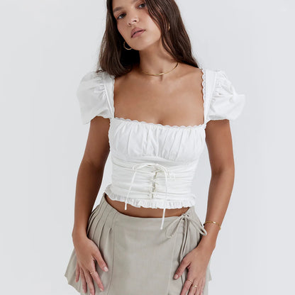 Mingmingxi Short Sleeve Cropped Top Women Fashion White Square Neck Tops Preppy Style Cotton Lace Up Blouse Women Clothing