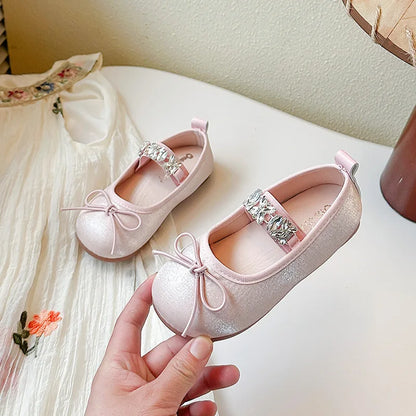 Girls' Rhinestone Princess Shoes Simple Versatile Kids Bow Leather Shoe Comfort Non Slip Girls Flat Casual Shoes