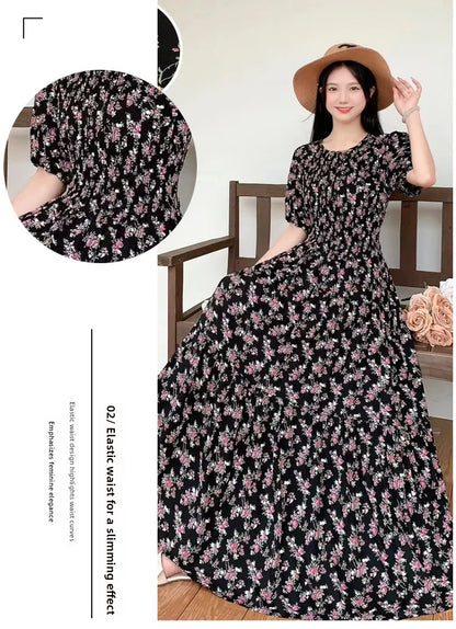 Summer New Cotton Silk Dr Casual High Waist Floral Print Beachwear Outerwear Slimming Waist Long Skirt A-Line Gown